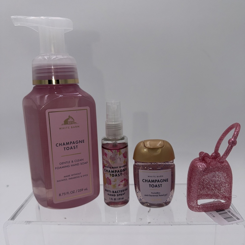 Bath & Body Works 4 Pc CHAMPAGNE‎ TOAST  Hand Gel, Hand Spray, Soap, & Holder